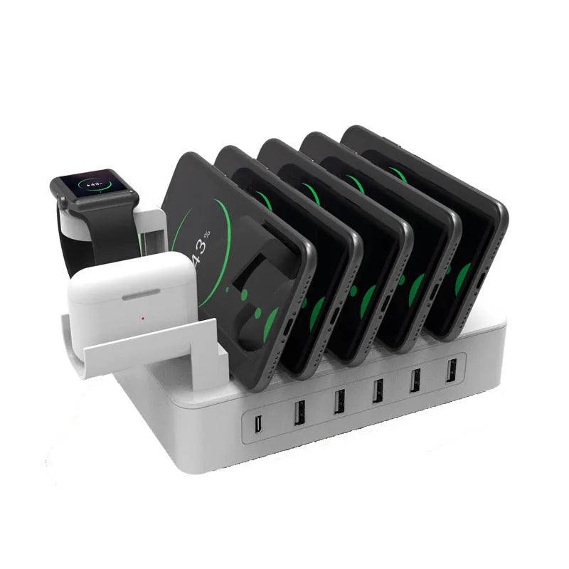 Desktop multi-USB charge box fast charger in black ABS casing with USB and Apple Watch outputs