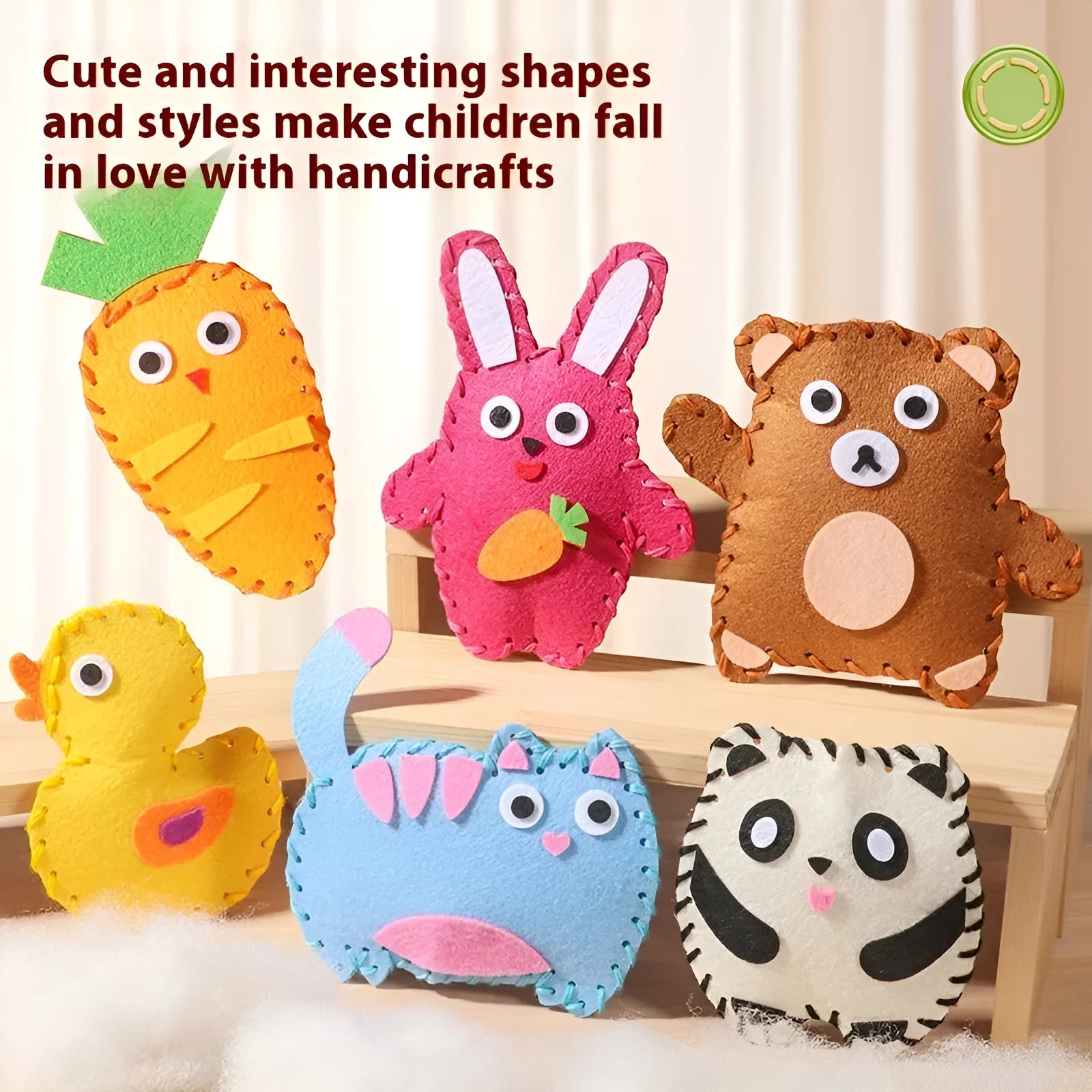 Children's non-woven sewing kit with music theme, cloth pieces, and tools in a colour box measuring 19.5x16x5cm