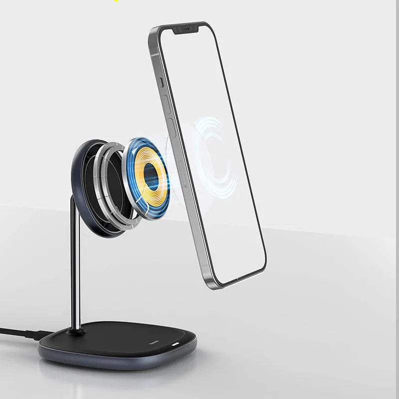 Black magnetic wireless charging stand for iPhone 12 series on desk with Type-C cable