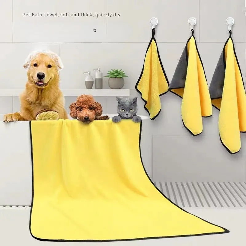 Yellow microfiber dog drying towel with hook loop, super absorbent for pets