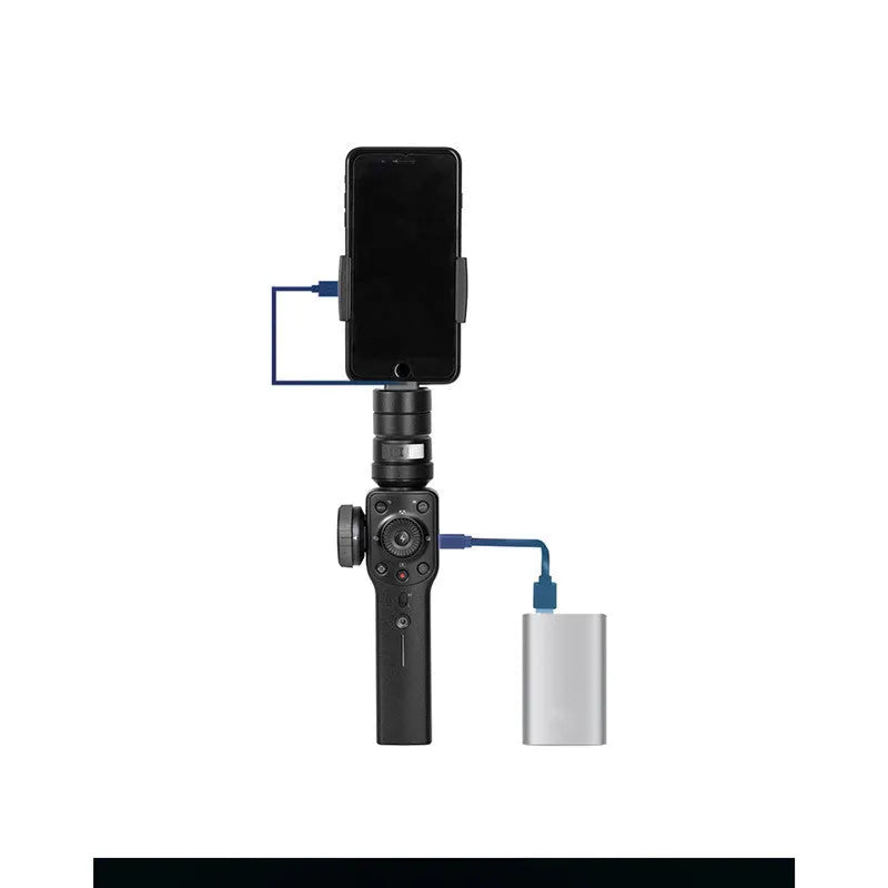Black handheld mobile phone gimbal stabilizer on a table, made from ABS plastic.