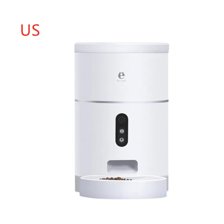 White ABS automatic pet feeder with 1080P camera, 4L capacity, and desiccant box for dry food