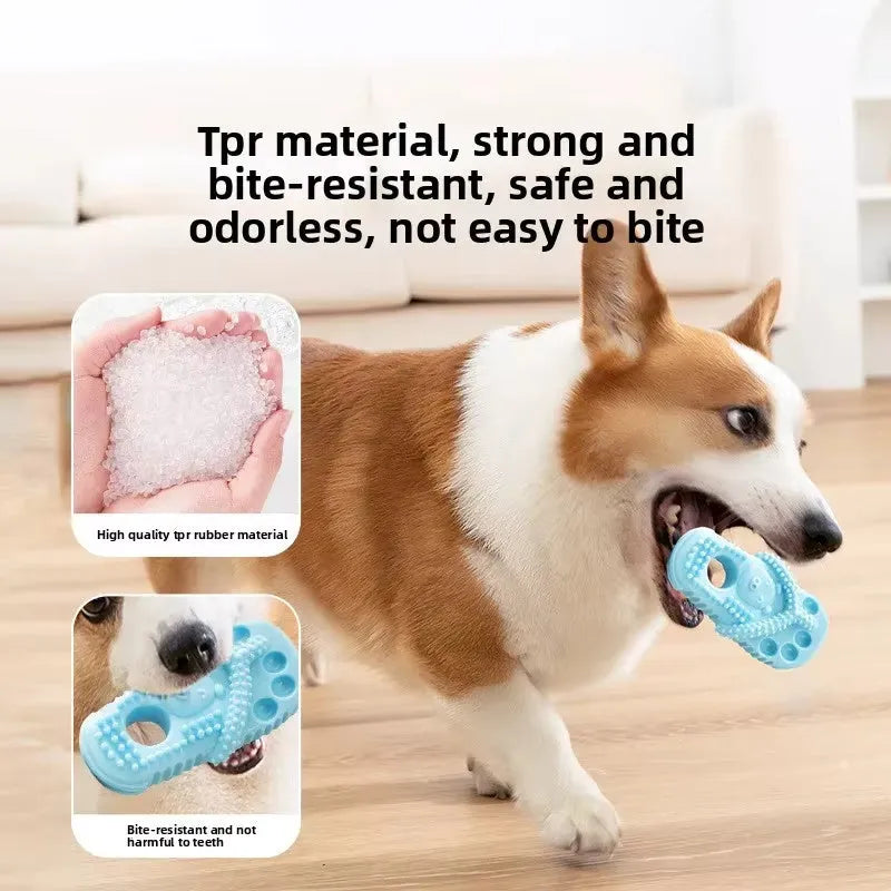 Blue rubber dog chewing toy slipper for teething puppies, durable and safe for oral health