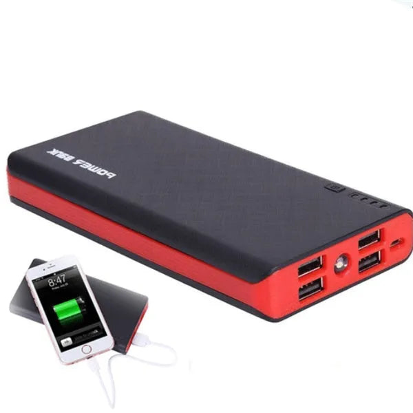 Red 20000mAh power bank showing dimensions and USB ports for charging phones and tablets.