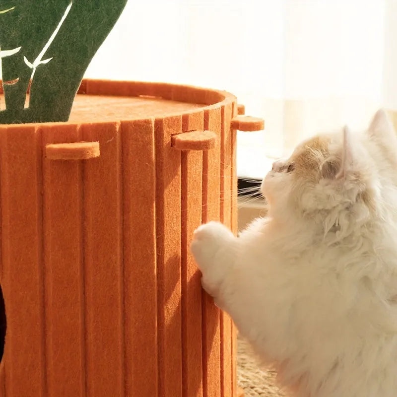 Grey felt semi-enclosed cat tunnel and nest bed for indoor cats, shown in medium and large sizes.