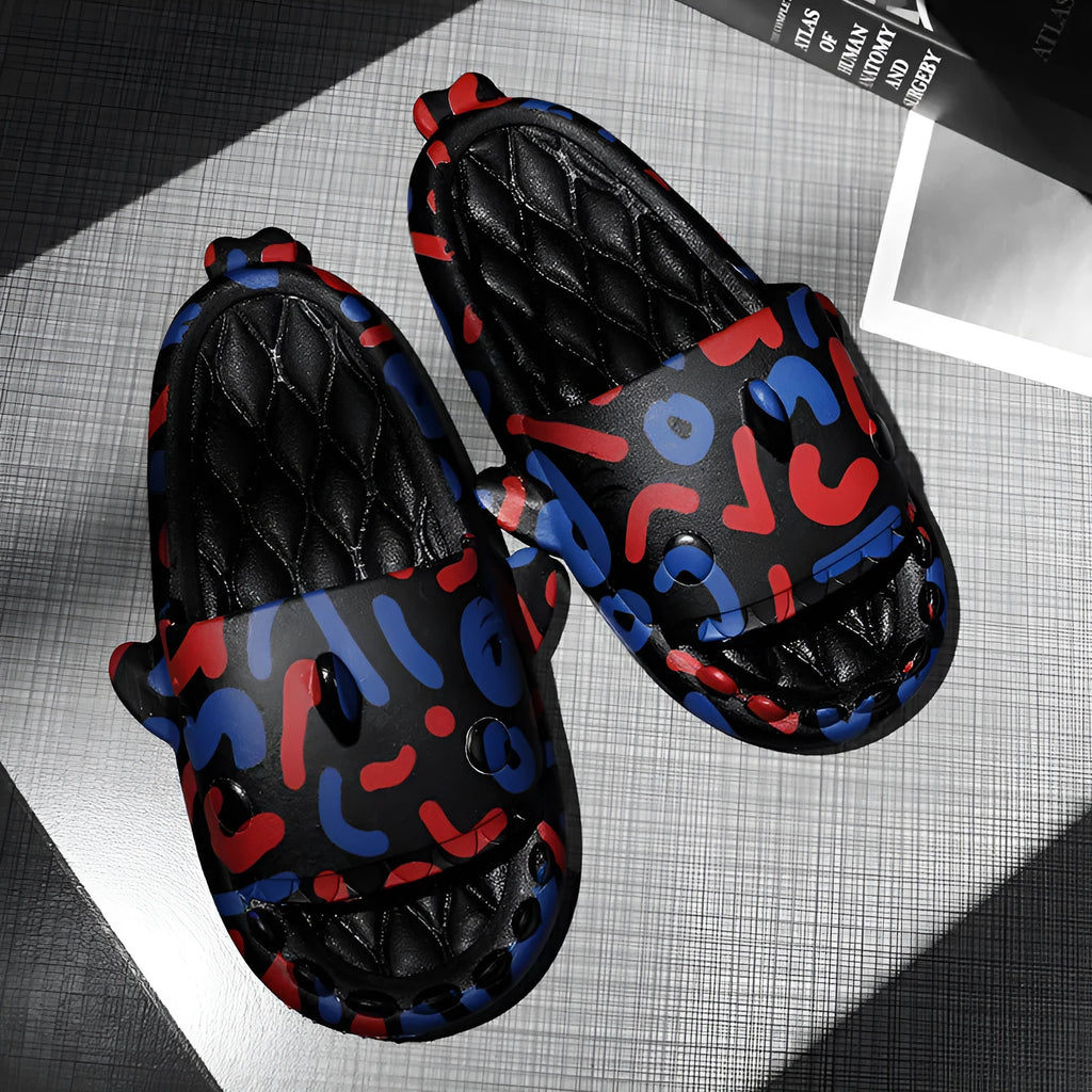 Shark design open-toe EVA slippers for men and women in beige, shown in size 40.