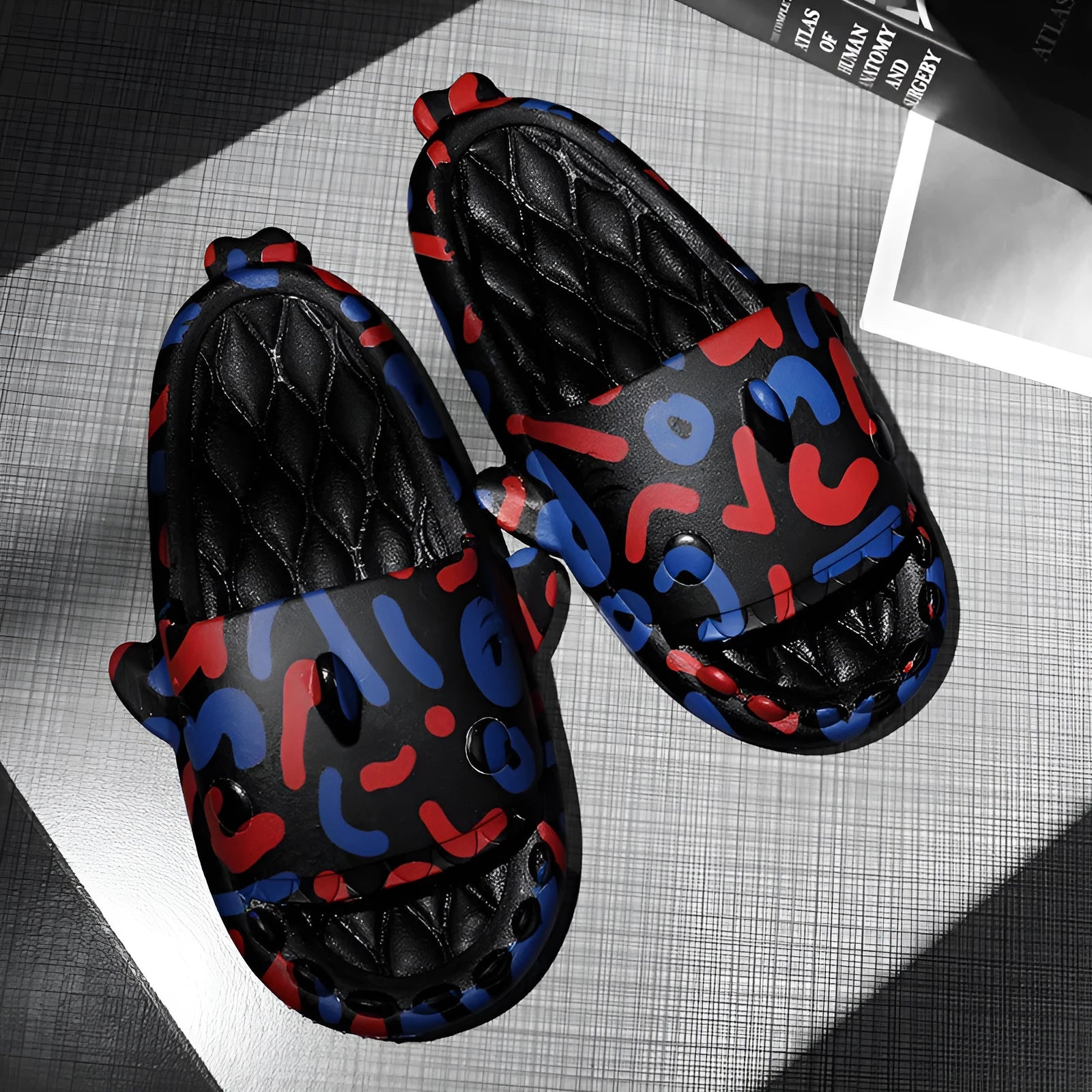 Shark design open-toe EVA slippers for men and women in beige, shown in size 40.