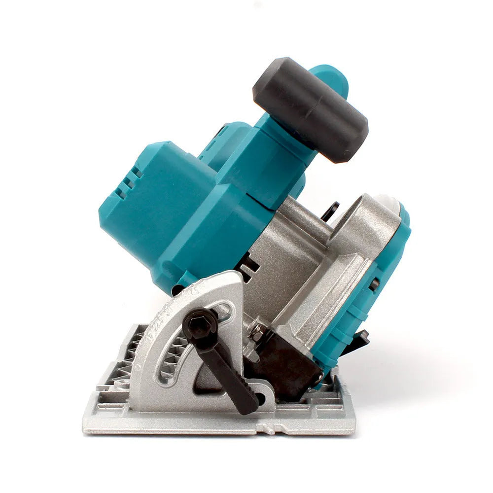Lithium battery 7-inch cordless circular saw for wood cutting with two batteries and charger on a workbench