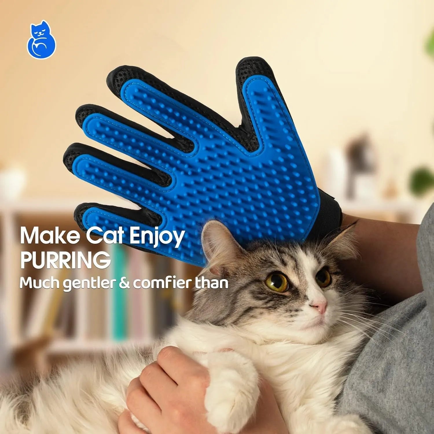 Blue pet grooming gloves with silicone grooming tips for dogs cats and horses