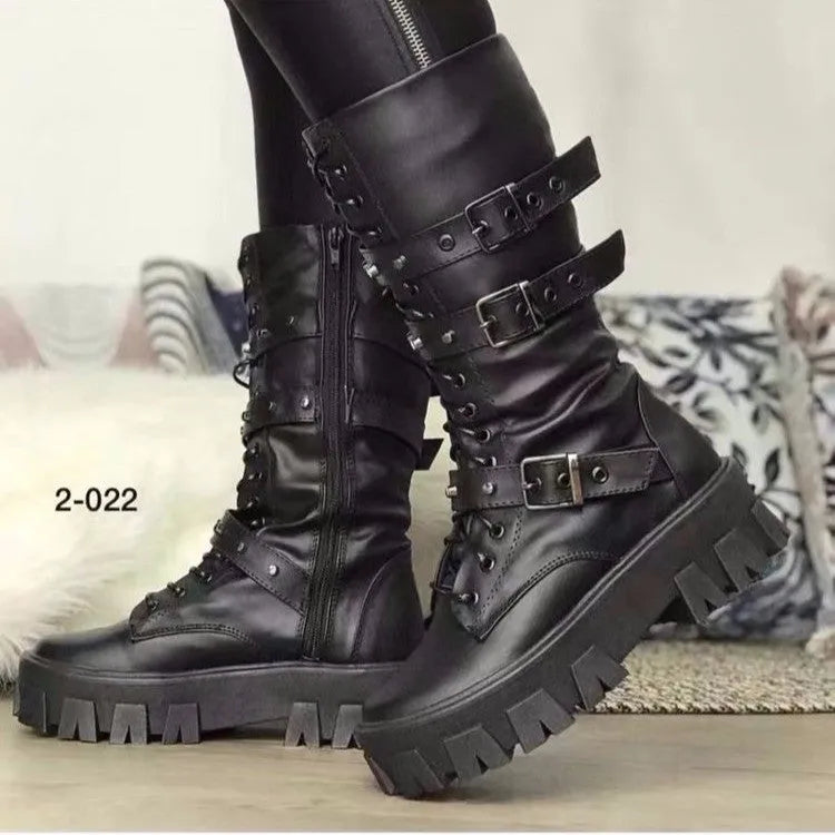 Women's black mid-calf knight boots with a metal buckle and side zip fastening