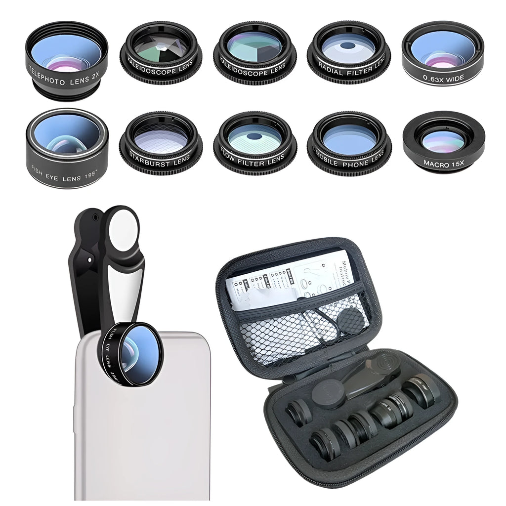 Black ten-in-one mobile phone camera lens kit with aluminium alloy housing on a smartphone