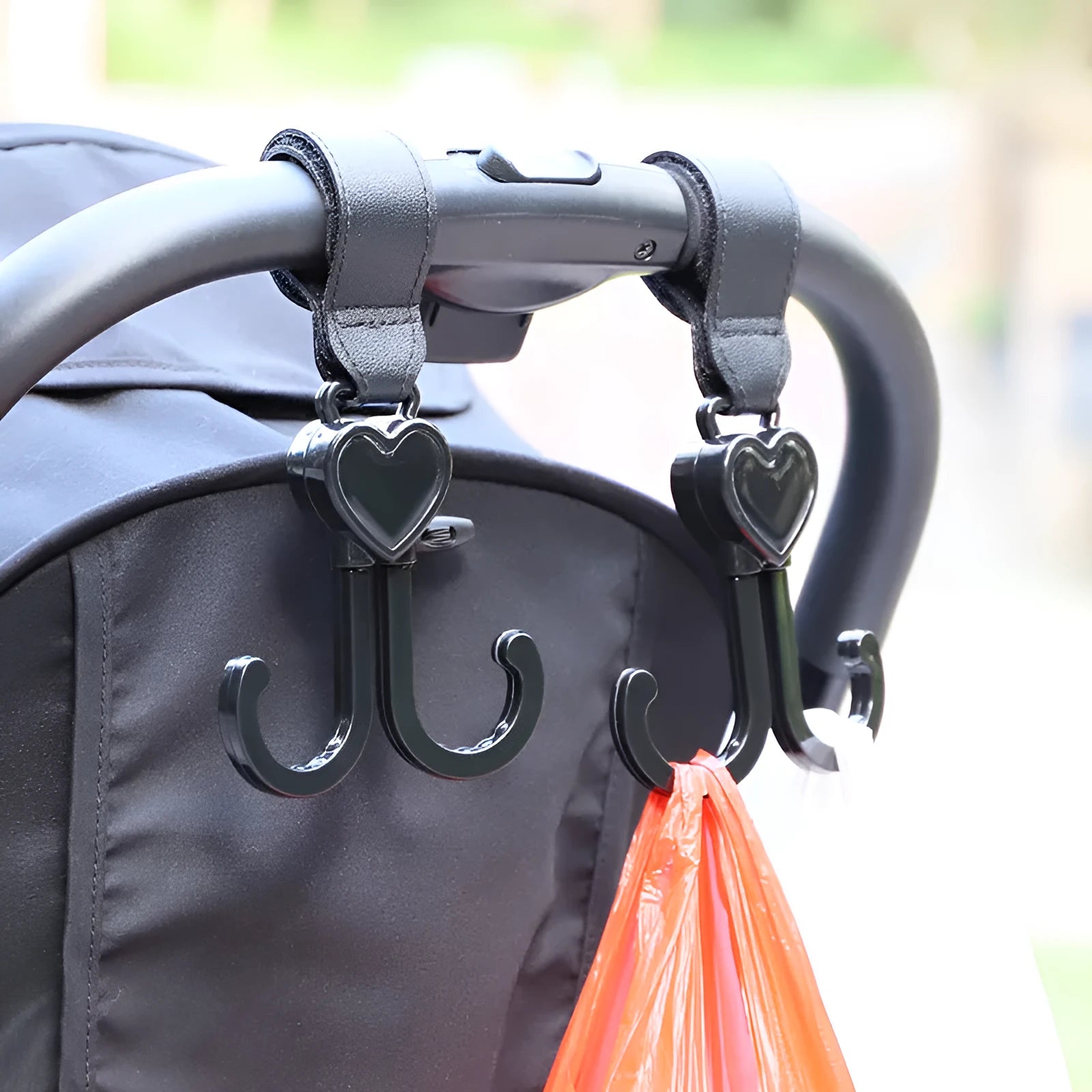 Double hook love hook for baby carriage and electric bike in black leather finish
