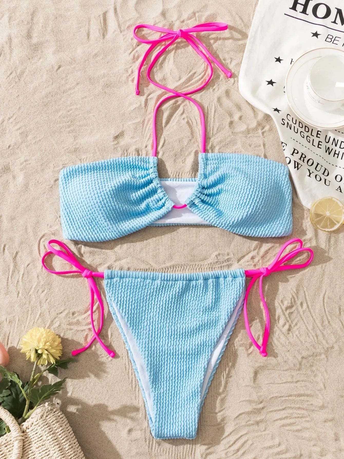 Women's halter neck lace-up separated swimsuit in solid colour with brief styling