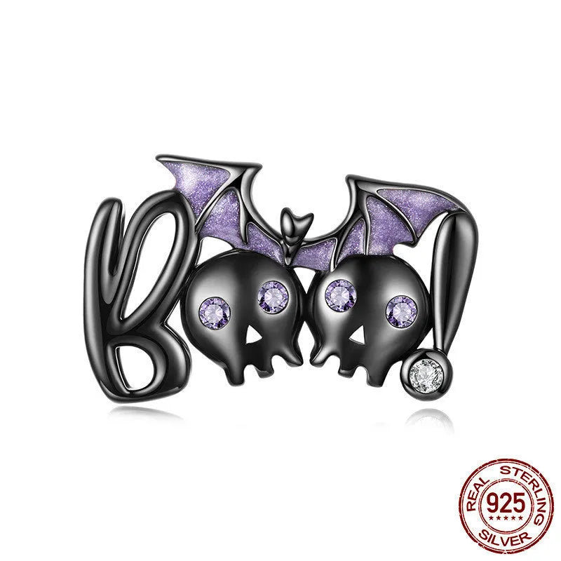 925 sterling silver dark bat bead charm with pumpkin skull, 0.9x1.4 cm, 0.45 cm aperture