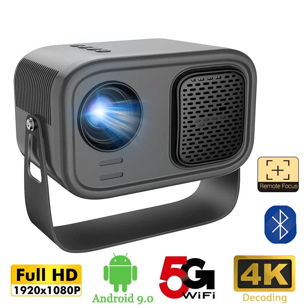 Black portable HD projector with remote control for home office use