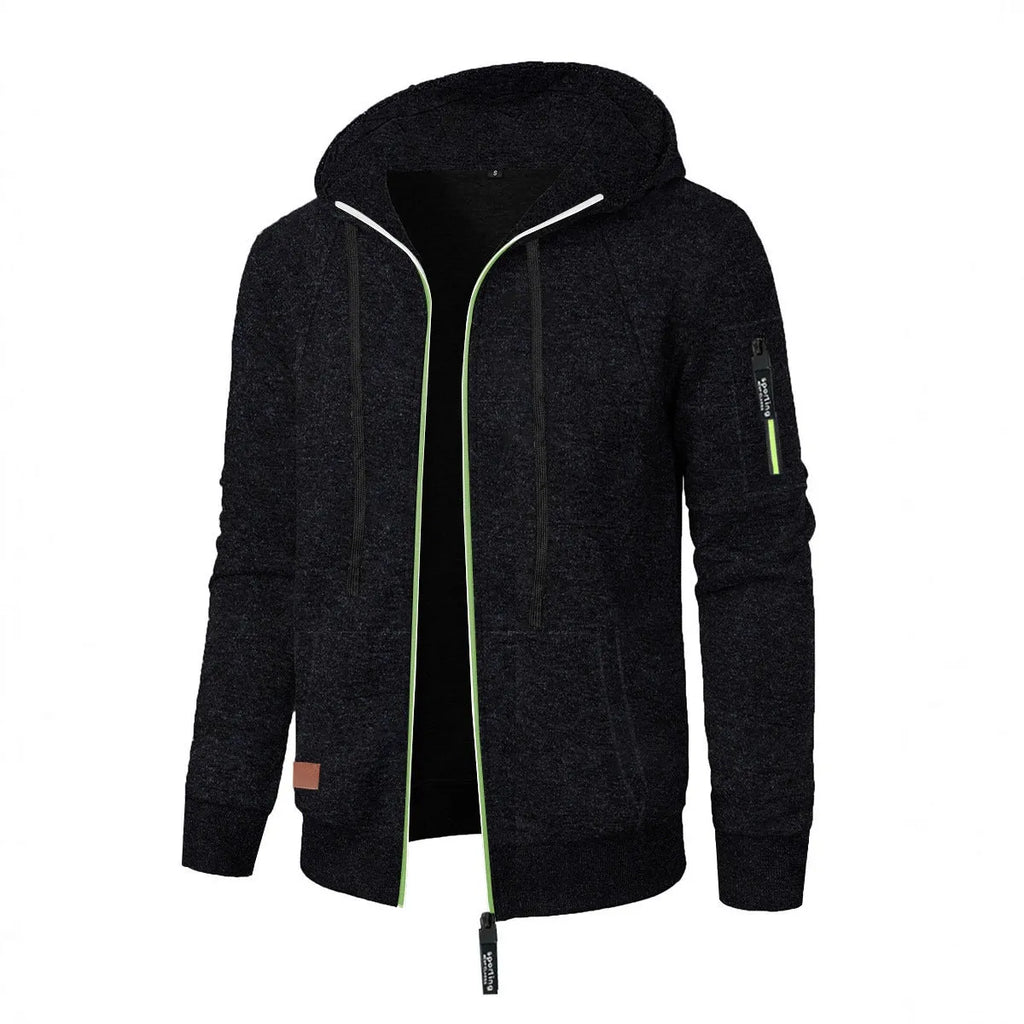 Men's loose fit jacquard hooded coat in black, polyester fibre, Korean style cardigan with long sleeves and hood