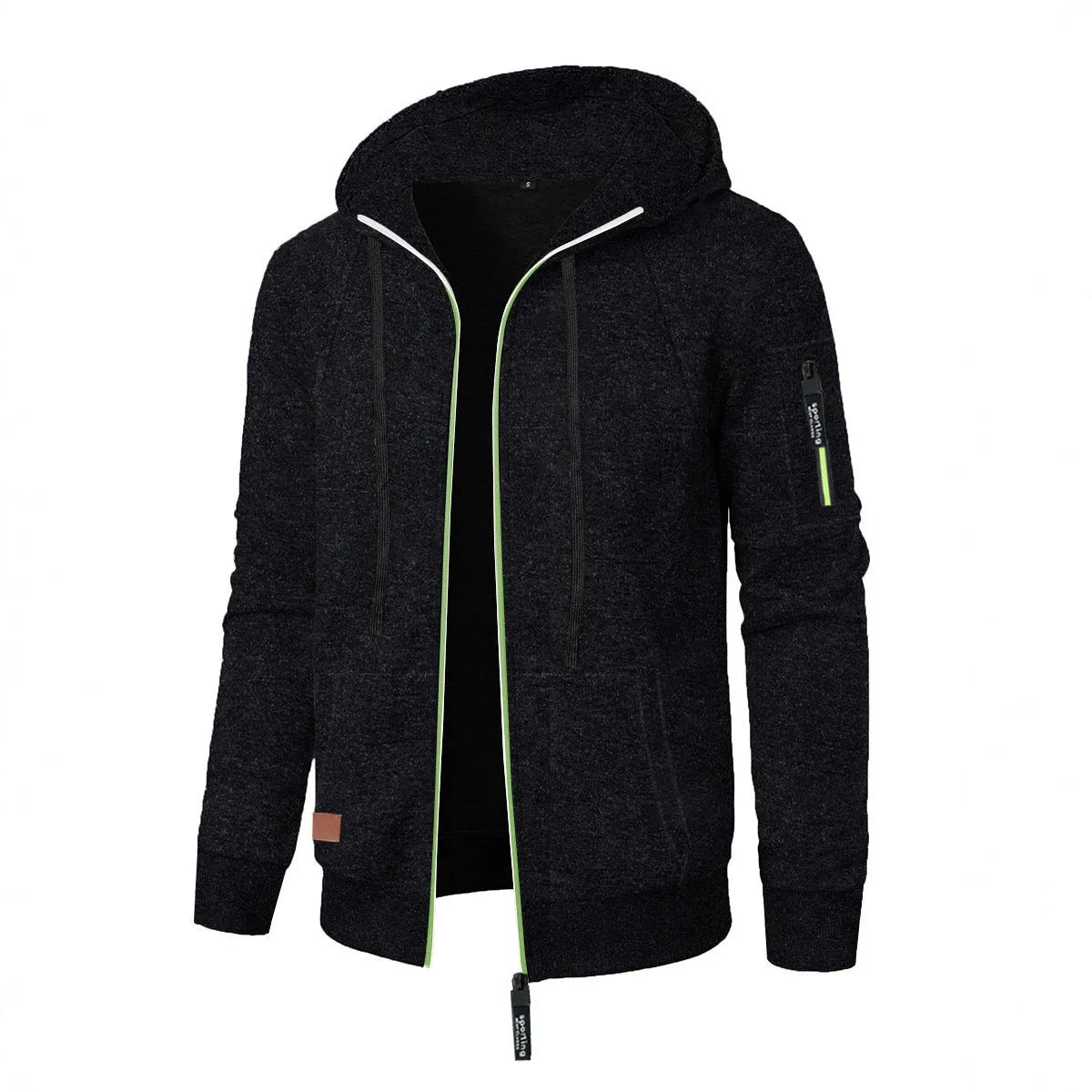Men's loose fit jacquard hooded coat in black, polyester fibre, Korean style cardigan with long sleeves and hood