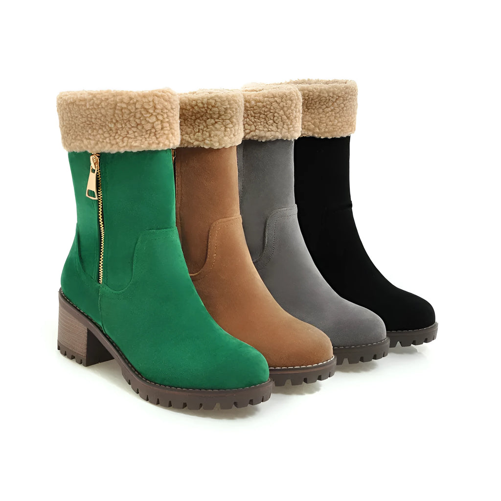 A pair of men's lace-up snow boots with a thick rubber sole and plush lining, shown in multiple colour options.