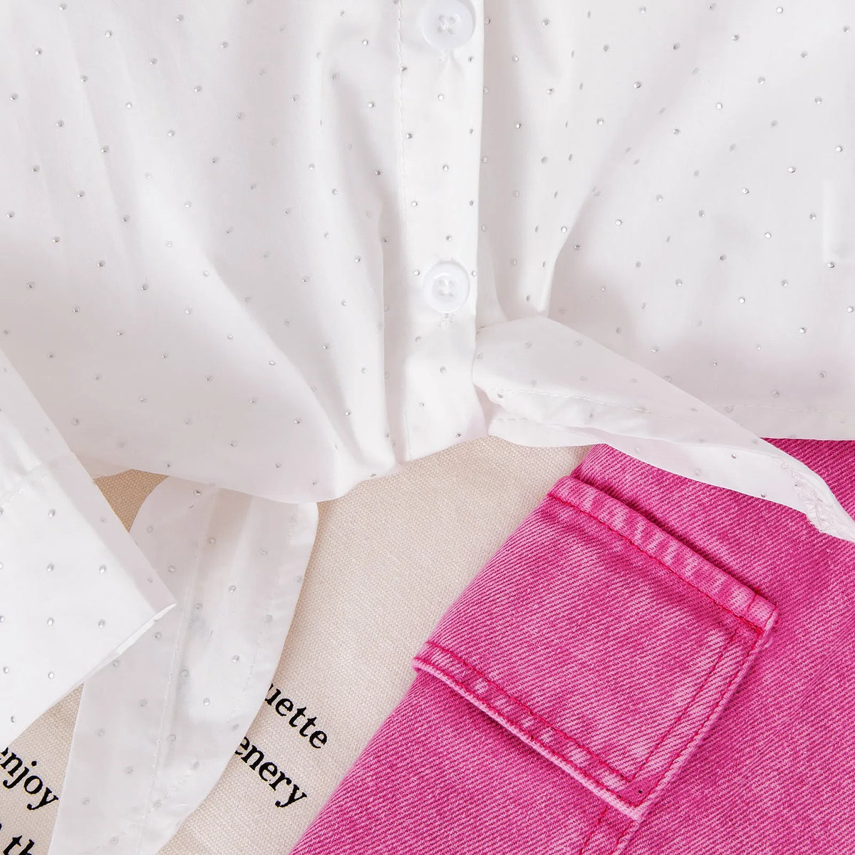 Girls pink cotton knot top and denim shorts set with long sleeves on child model