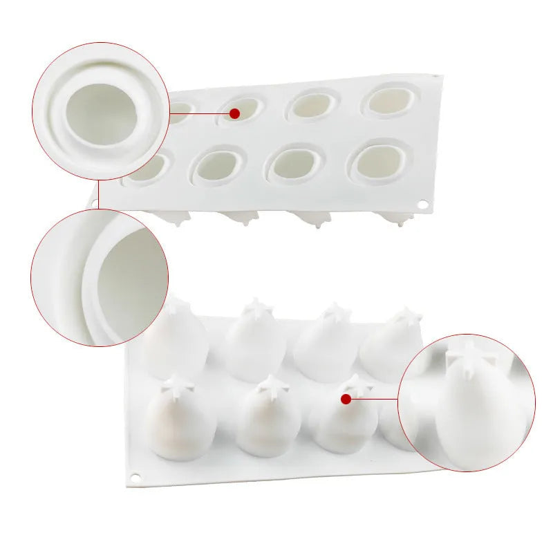 Six-cavity silicone baking mould with detailed pineapple, pine cone, and pear shapes for making Italian mousse.