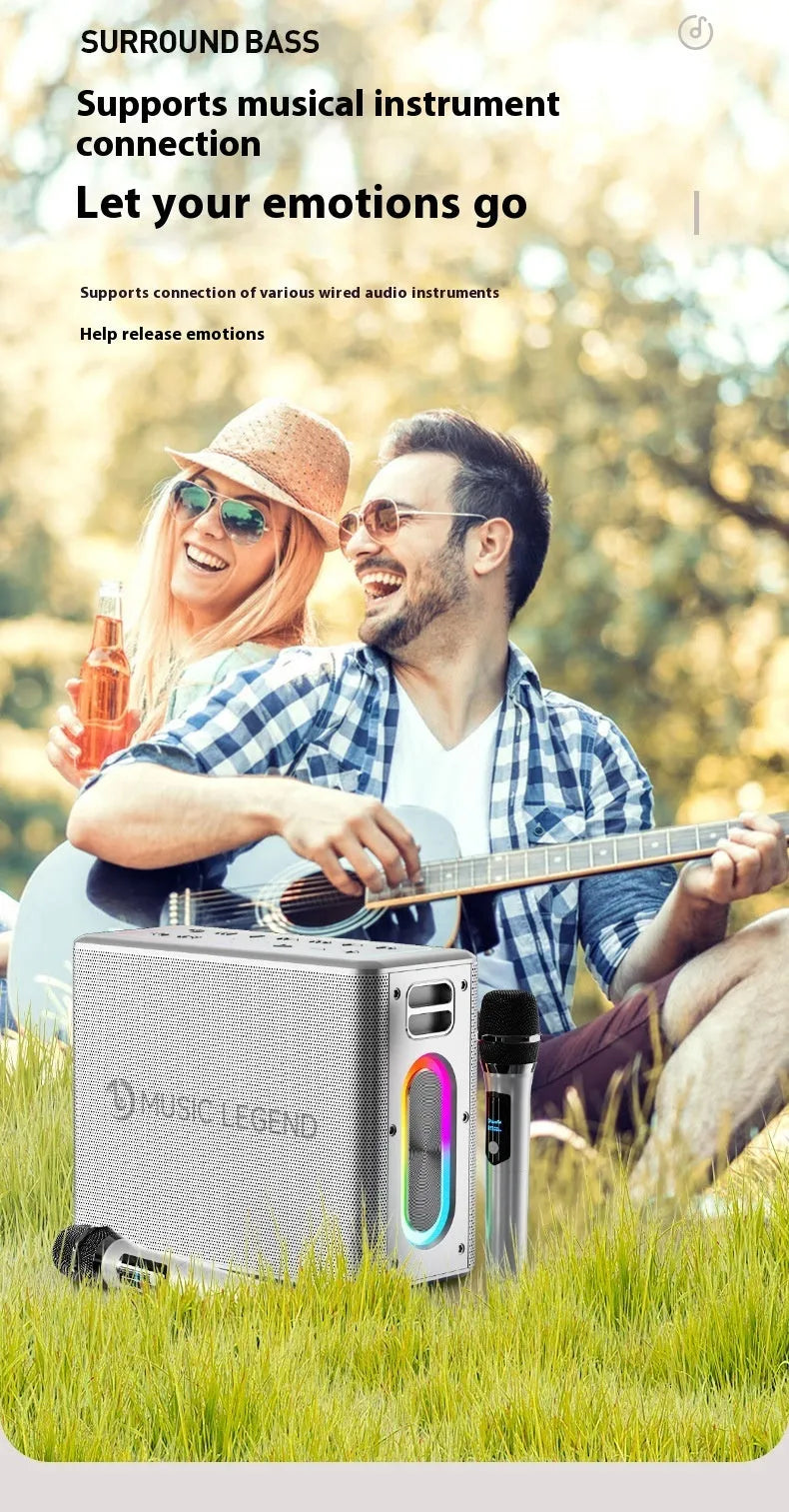 V60 outdoor Bluetooth karaoke speaker with dual microphones in black, 100W waterproof lithium battery portable PA system