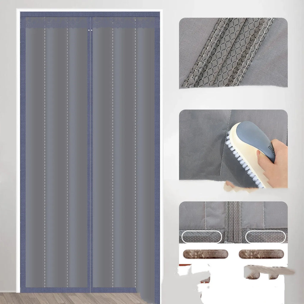 Full seam long magnetic strip cotton door curtain in New Chinese style, shown in grey colour.
