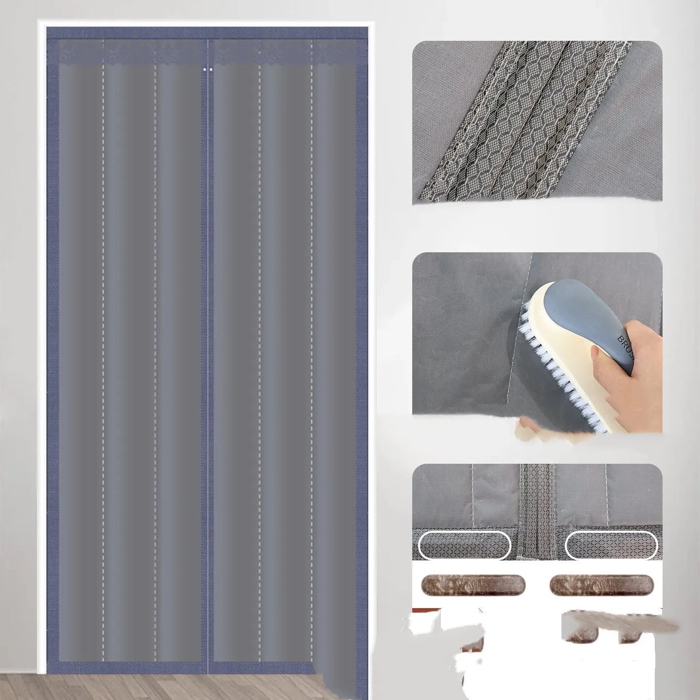 Full seam long magnetic strip cotton door curtain in New Chinese style, shown in grey colour.