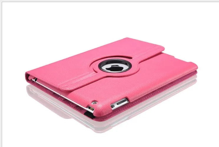 iPad PU leather clam shell protective case shown in various colours including pink, blue, and black.