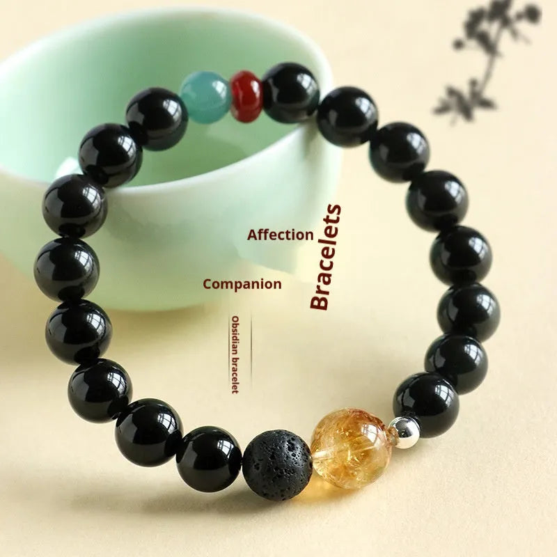 Chinese style obsidian yellow agate jade bracelet showing 8mm and 10mm bead size options.