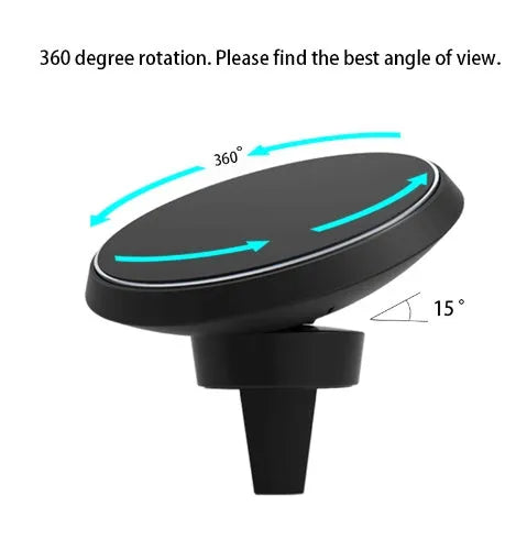 Qi wireless car charger with magnetic stand clamped to a car air vent