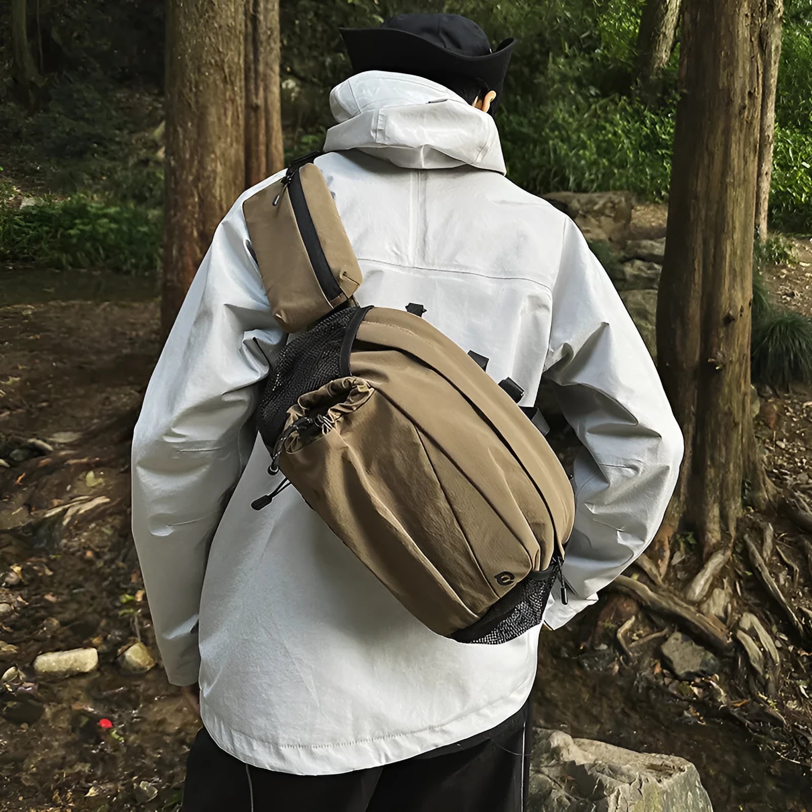 Unisex nylon outdoor waist bag in army green colour, shown from the front.