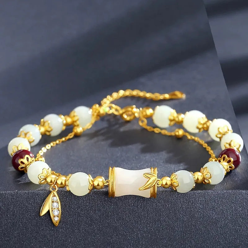 Retro bamboo pattern bracelet with floral glass beads in electroplated finish