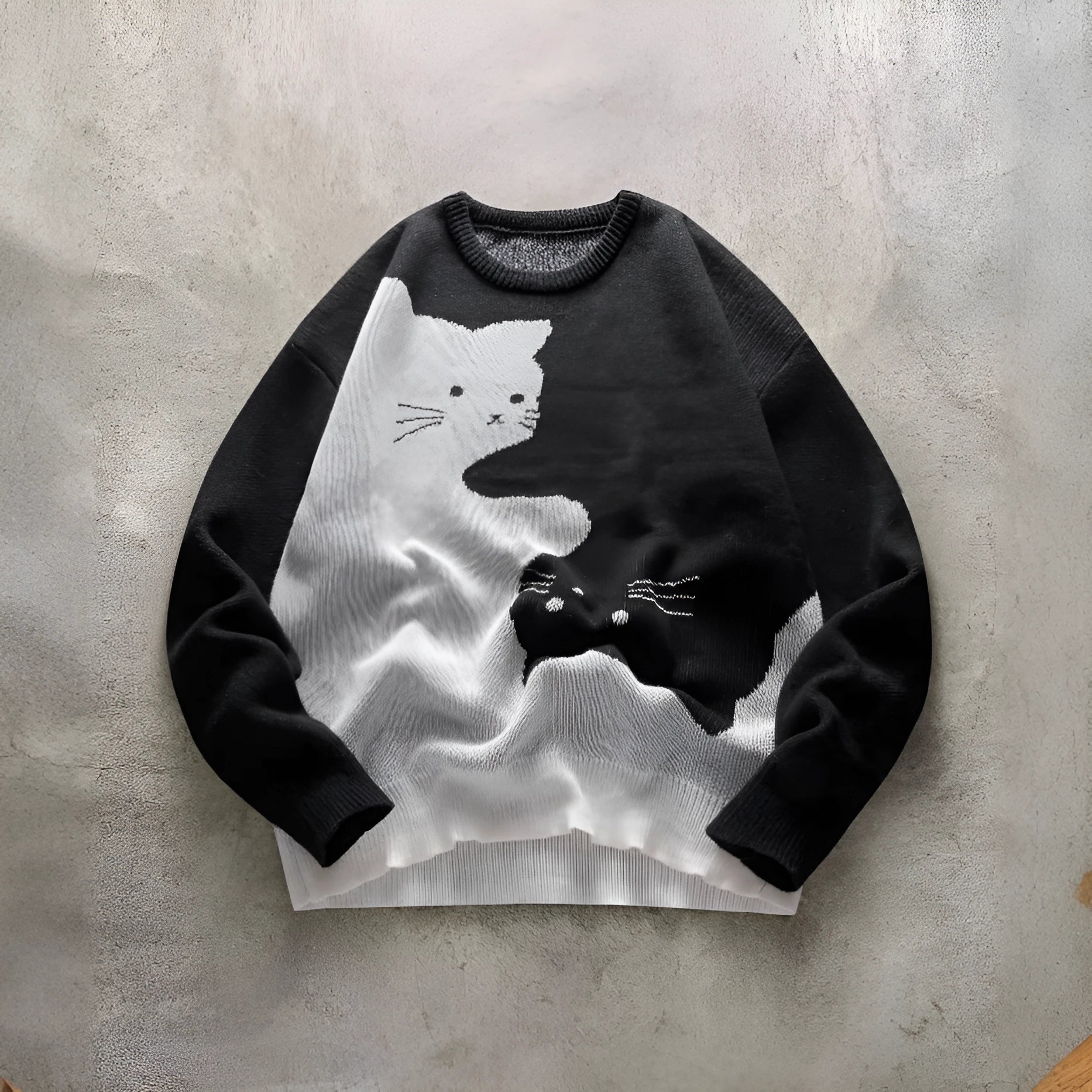 Men's cat pattern round neck knitted pullover sweater in black with jacquard cat motif on front