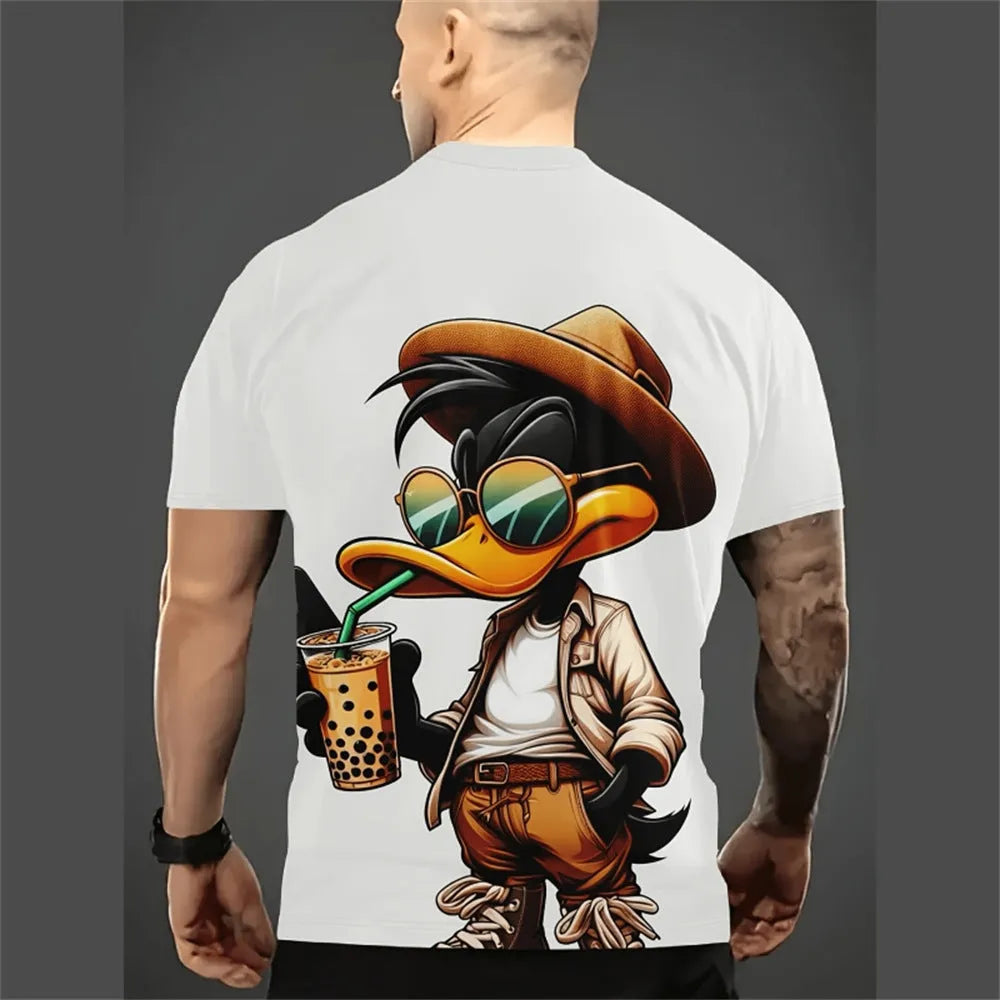 Men's loose casual short sleeve shirt with 3D cartoon print in milk silk fabric.