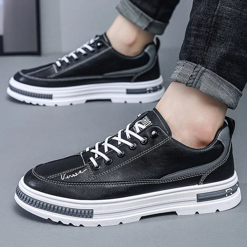 Men's white and black Korean style low-top platform sneakers with elastic band and round toe.