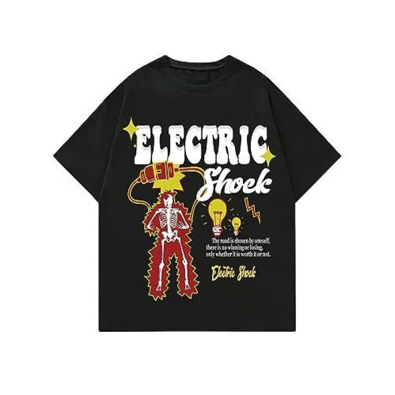 Men's printed short-sleeved street sports T-shirt on a hanger, showing one of the 10 digital print colour styles.