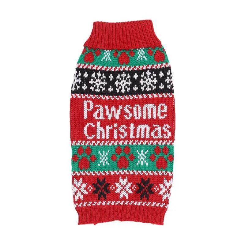 Red high-necked acrylic contrast colour dog sweater on a pet, available in sizes XS to XL