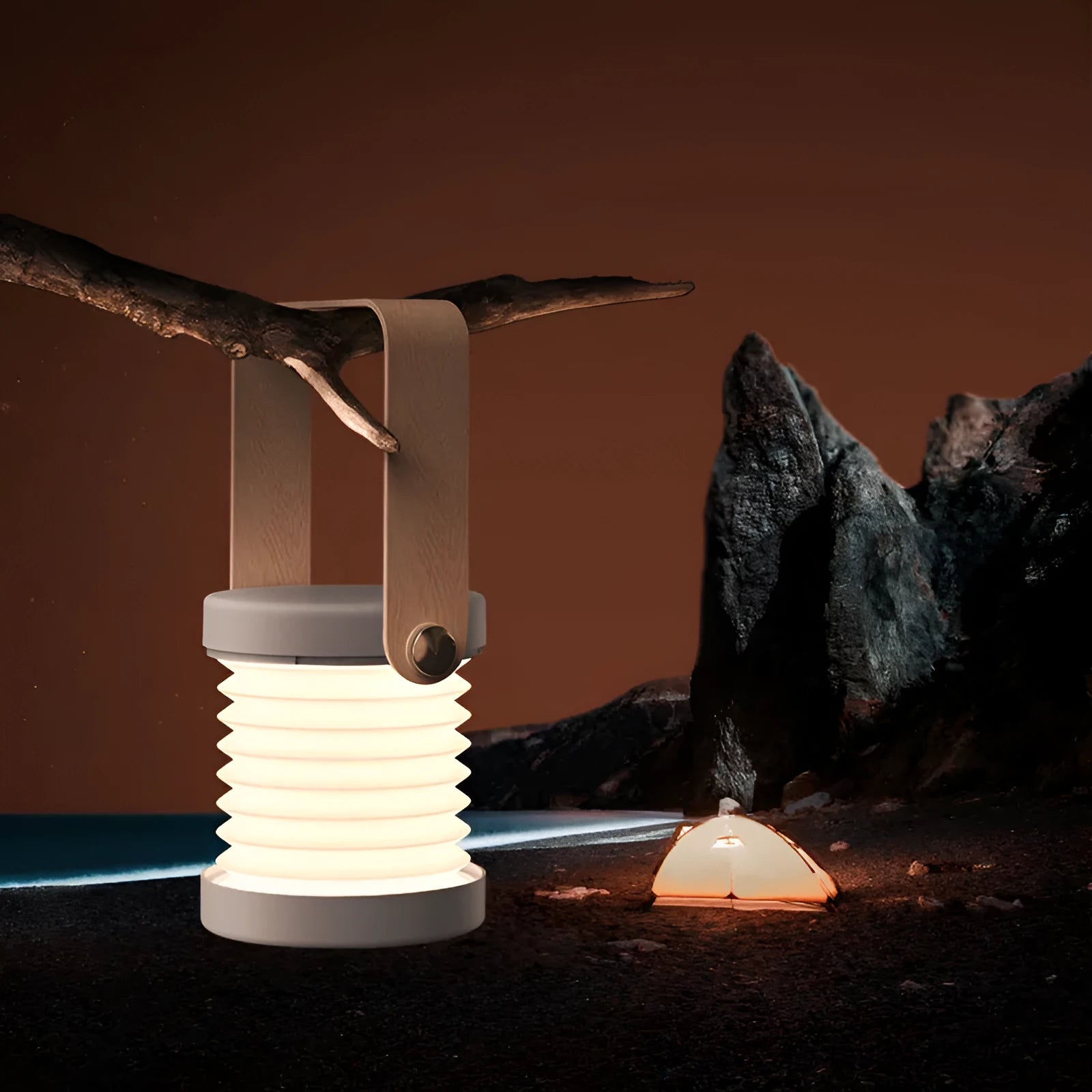 White foldable USB rechargeable LED lamp showing table lamp and lantern modes with touch dimmer.