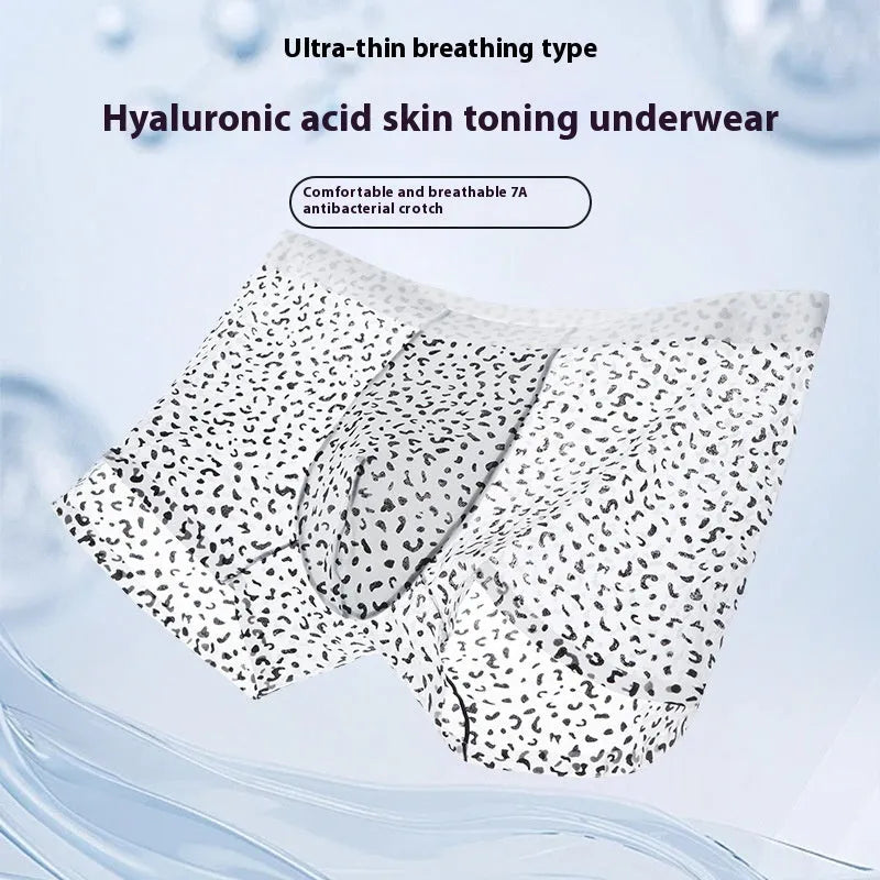 Men's ice silk boxer shorts in camouflage leopard print showing mid waist design