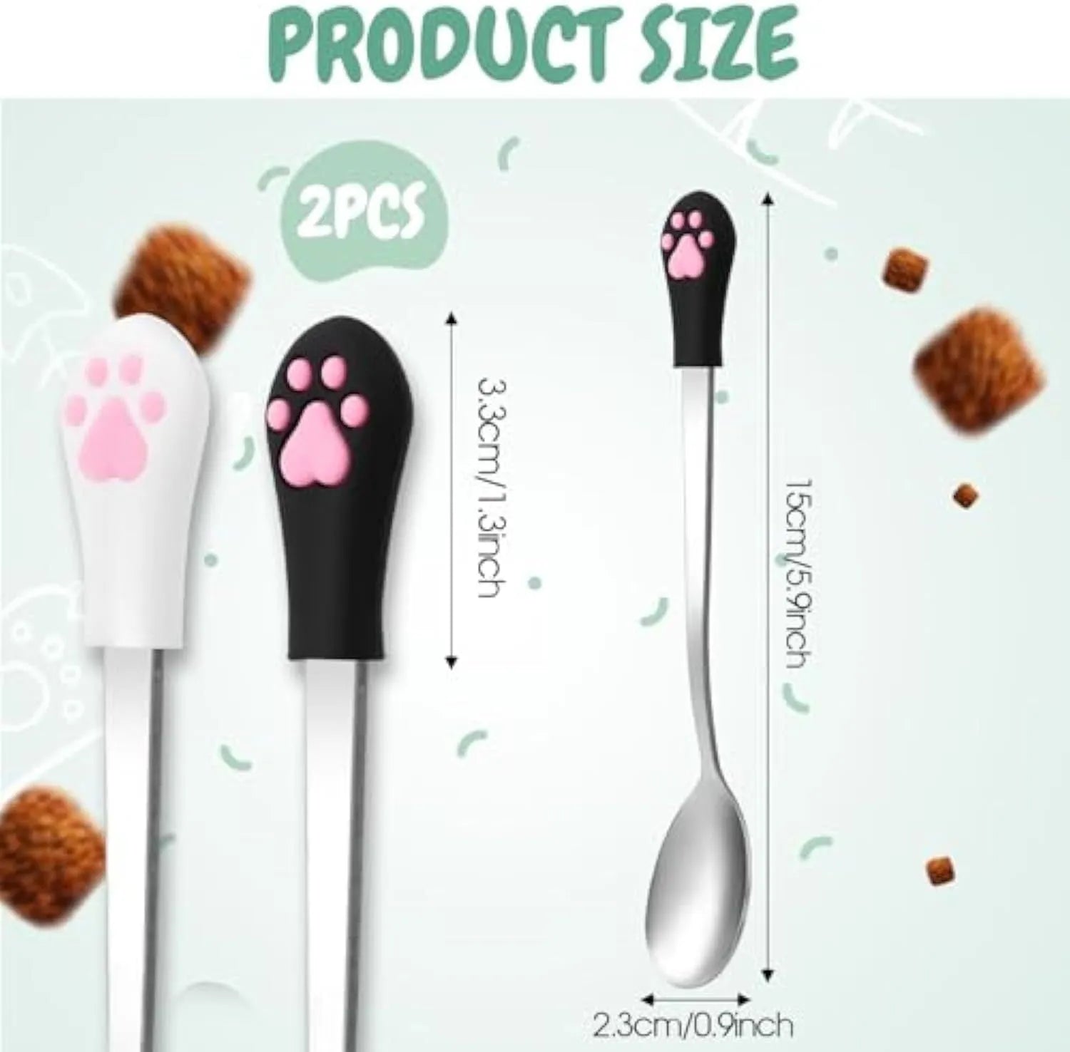White and black pet food spoons with cat paw prints and silicone grips