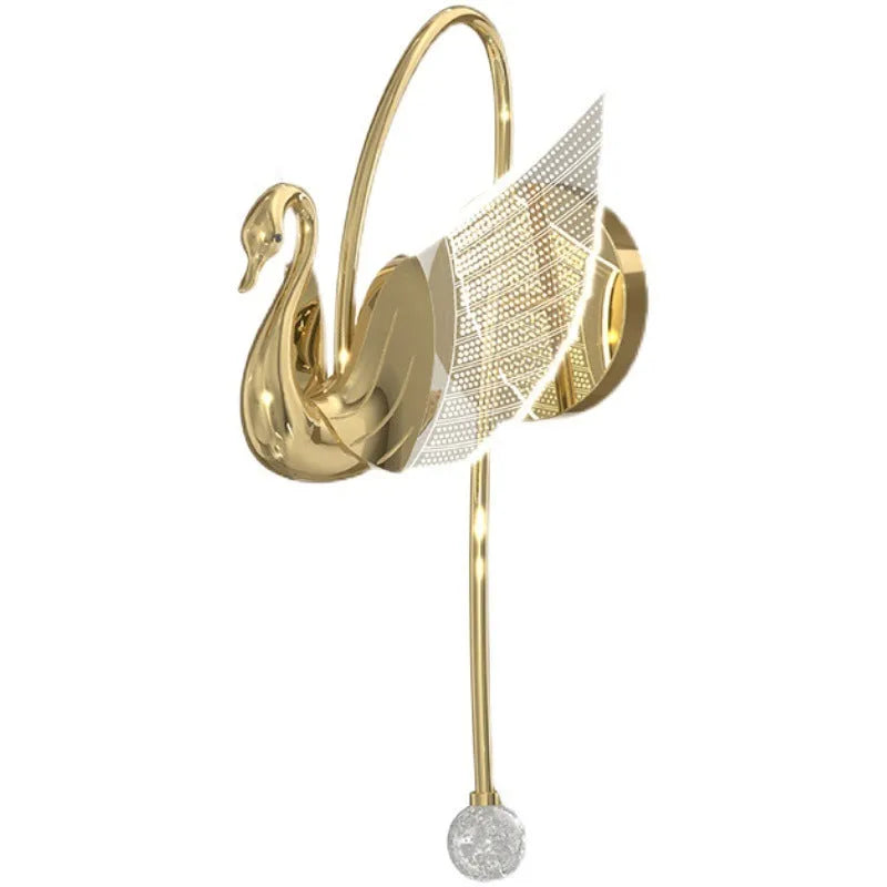 Gold modern swan-shaped bedside wall lamp with acrylic shade and dimmable LED lighting.