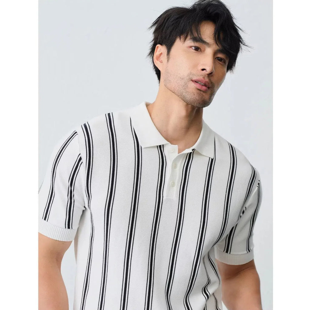 Men's striped short-sleeve knitted shirt with lapel collar in white, polyester blend, size M to XXXL