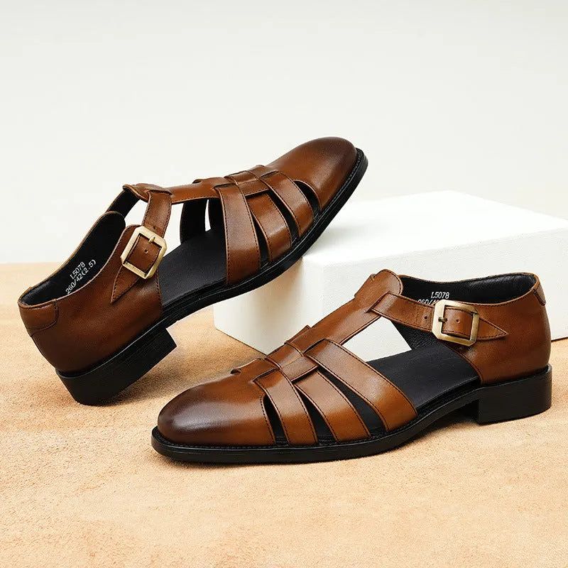 Men's black genuine leather sandals with pigskin lining and rubber sole