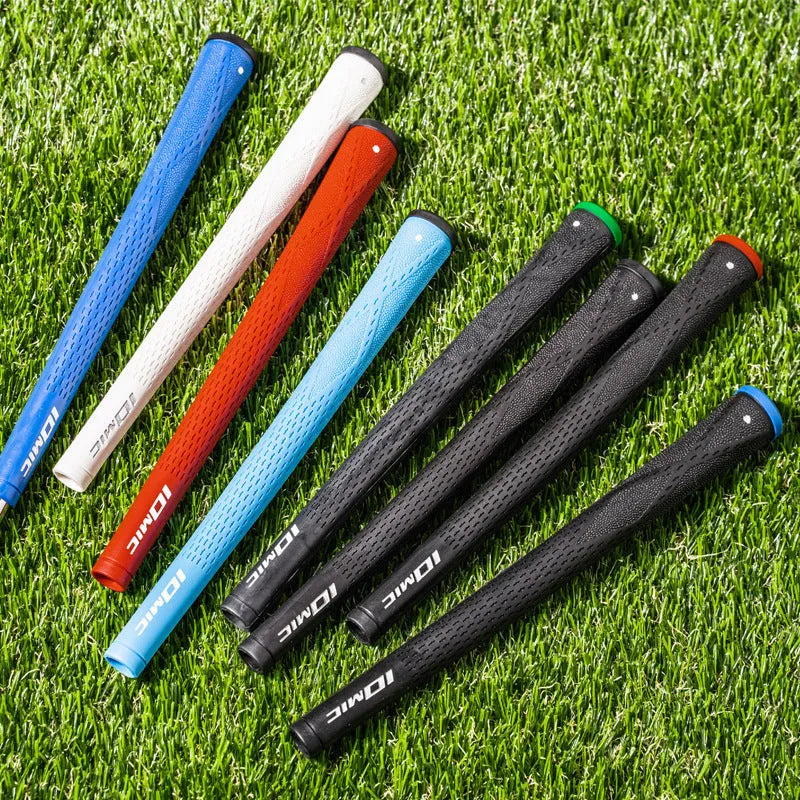 TPE material golf club grip shown in various colours including pink, red, and two-tone black with blue head.