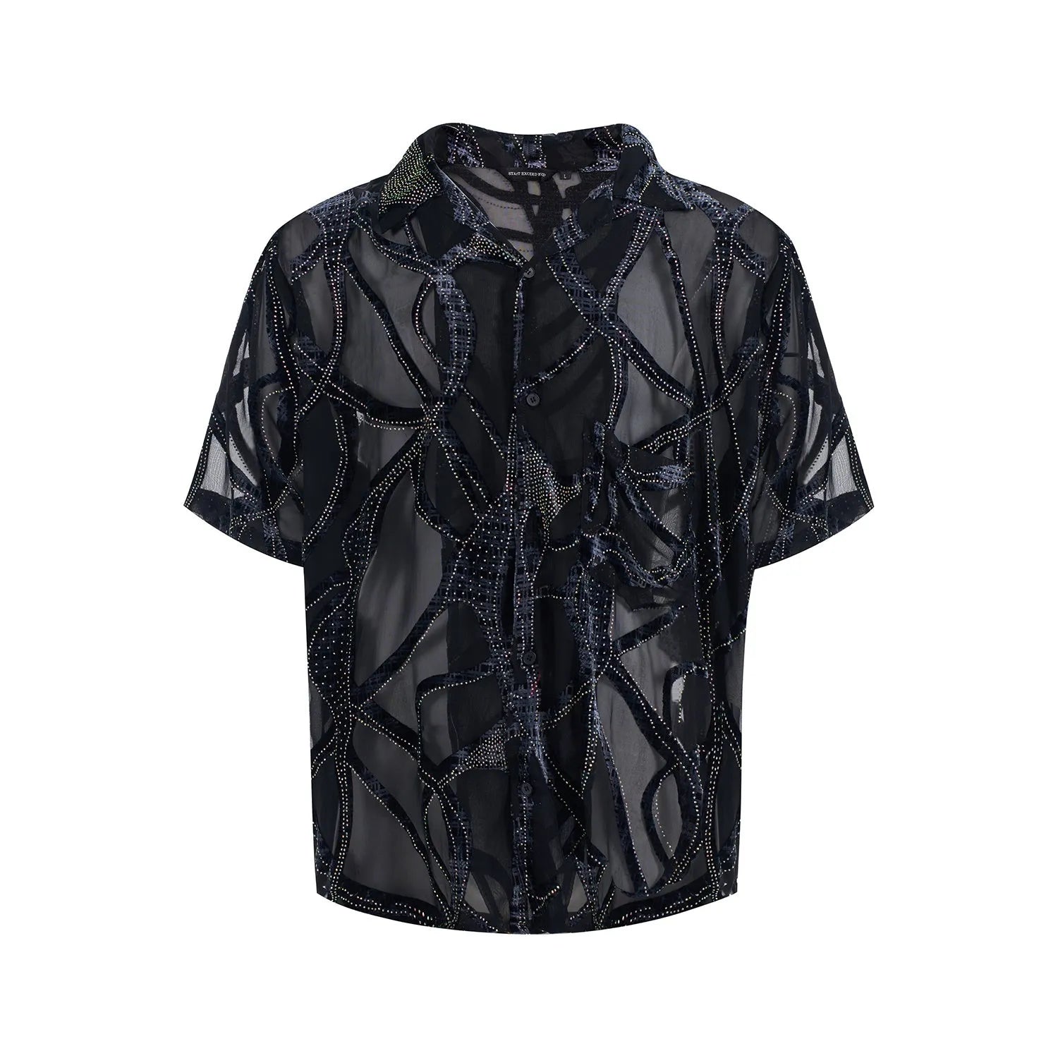 Man wearing a black and grey snake pattern short-sleeved translucent polyester shirt with a loose fit.