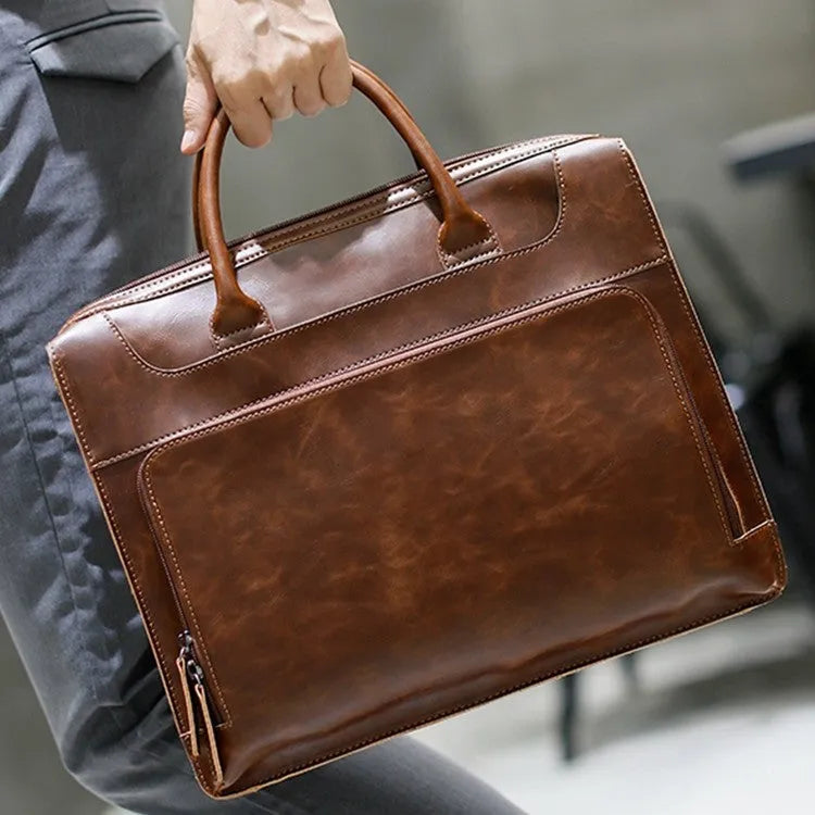 Genuine cowhide leather men's handbag coffee colour Japan Korea style with zipper closure and 14 inch laptop capacity