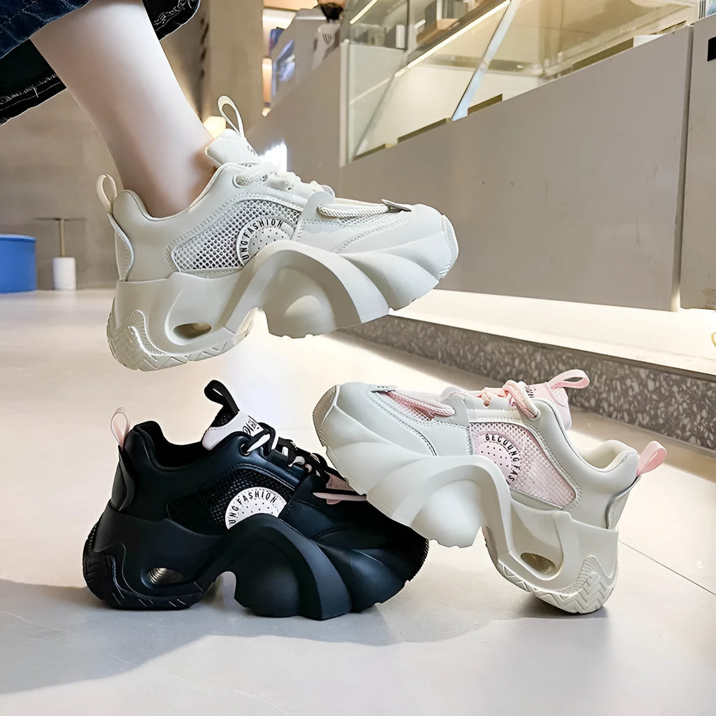 Women's pink casual sneakers with thick sole and cross shoulder strap design