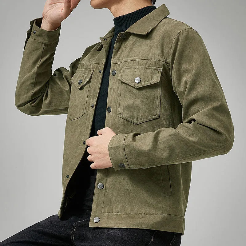 Men's brushed suede slim fit jacket in khaki, with topstitching slit pockets