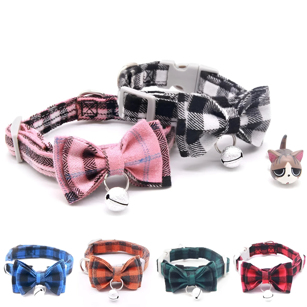 Plaid cotton cat bell collar with butterfly bow tie and optional hand holding rope in blue green orange pink red white S XS