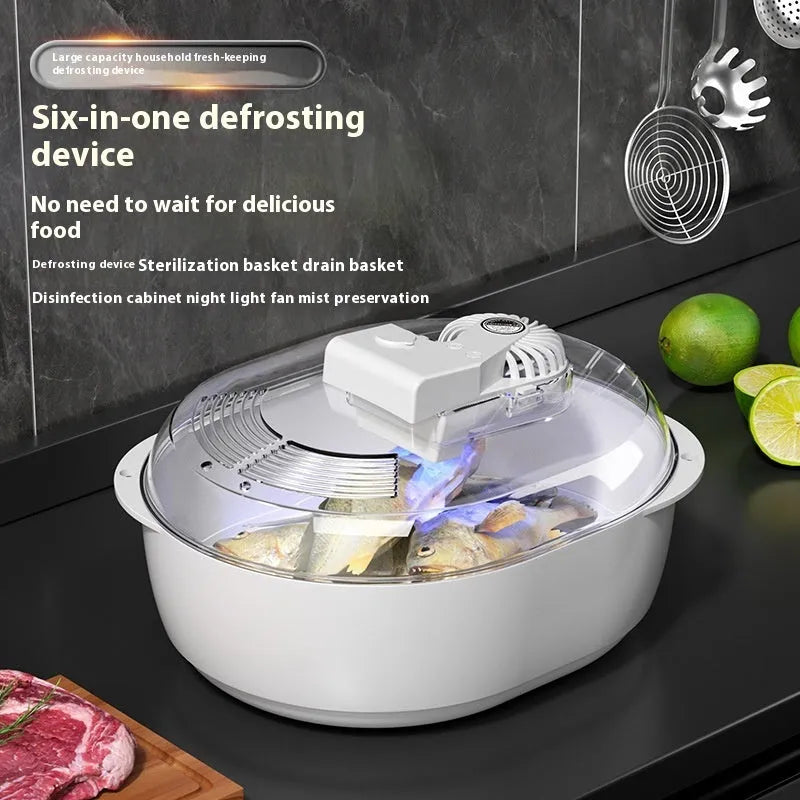 Aluminium household quick defrosting plate and separate USB cable on a kitchen counter.